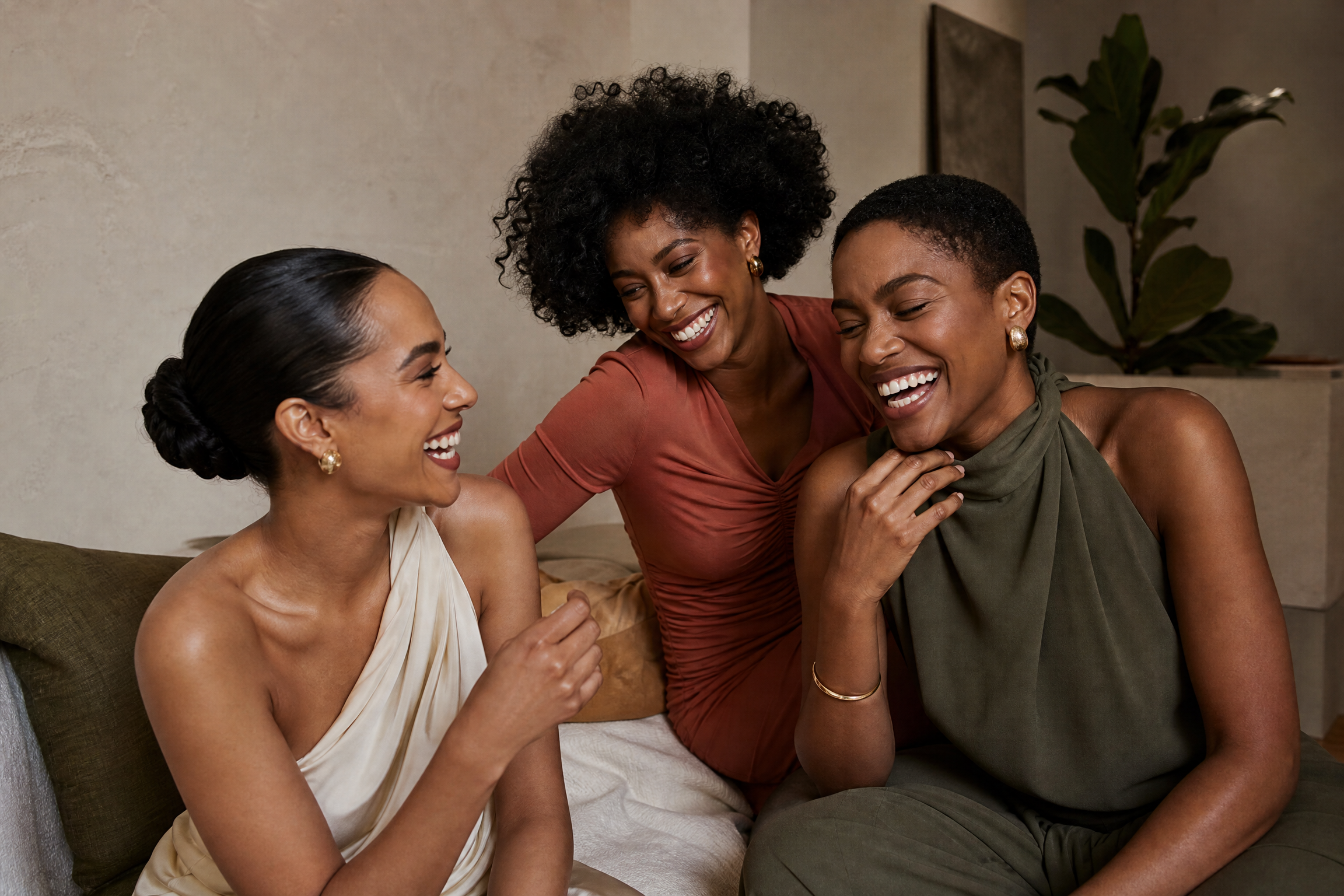 Clients celebrating together, laughing in soft golden light